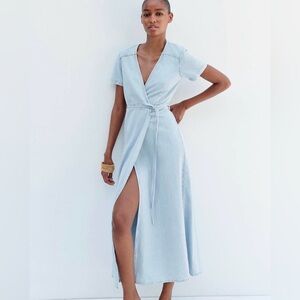 Zara Dress Denim Jeans Light Blue Midi Maxi Waist Tie Wrap Lightweight Casual